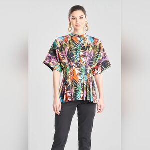 NWT Natori El Nido Cotton Poplin Mandarin Collar Pleated Cinch Waist Top XL